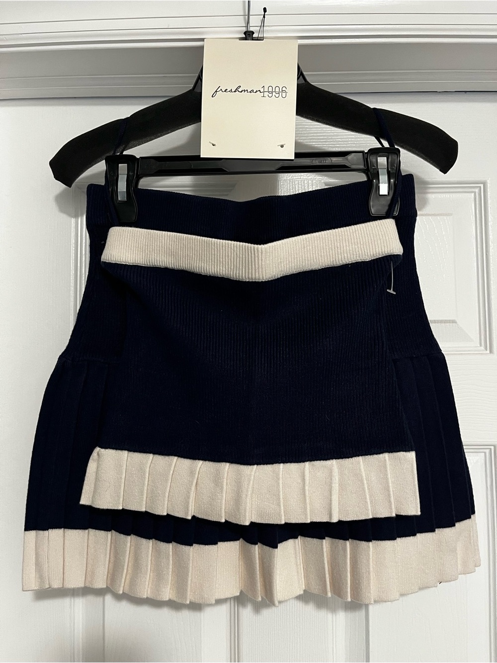Navy & Cream Pleated Knit Mini Skirt